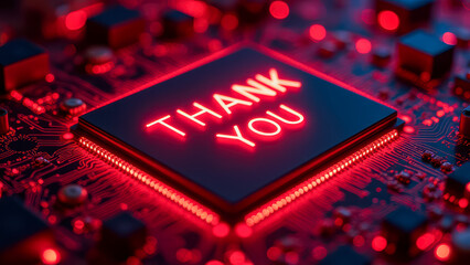 Thank You Message Illuminated on a Circuit Board in Red Neon Lights with Technology Background for Creative Graphic Design Projects
