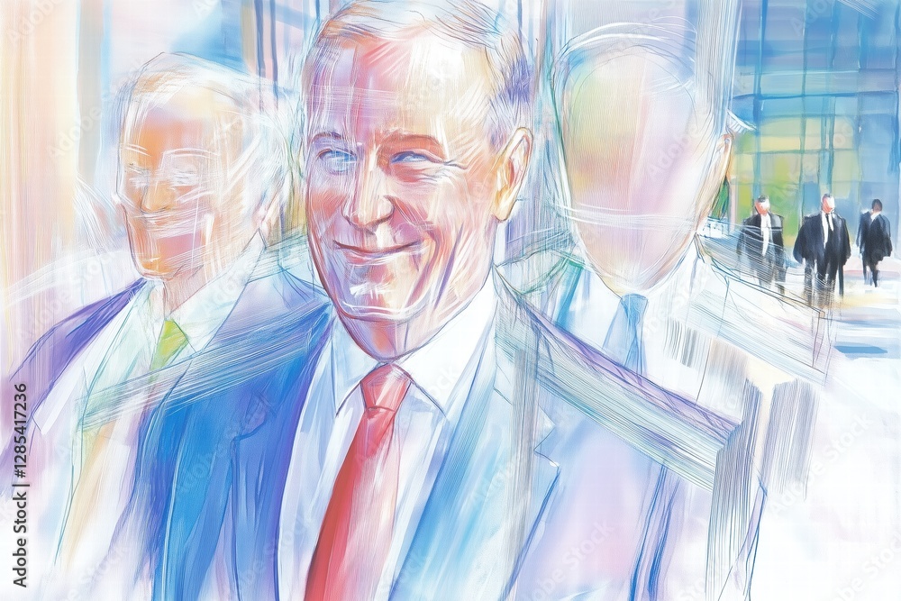 Poster a stylized illustration of a smiling man in a suit with a red tie, surrounded by blurred figures in 