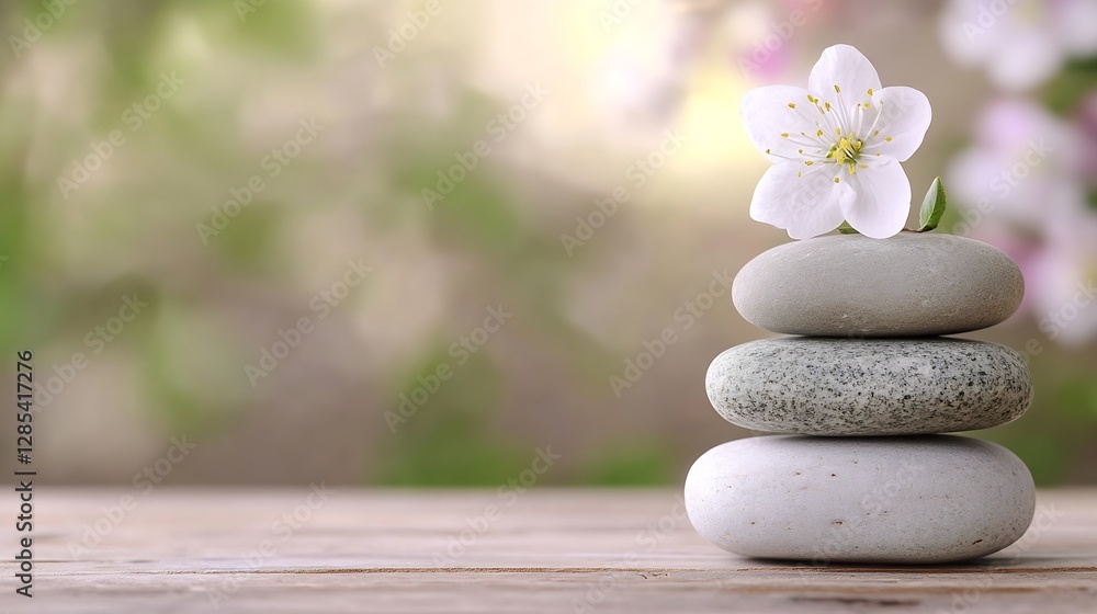 Poster calm and serene stacked stones with white flower on natural background for relaxation : generative a