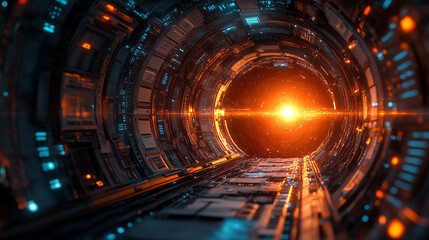 Futuristic abstract HUD interface with glowing holographic elements and data streams Symbolizing advanced technology artificial intelligence and digital innovation in a sci-fi virtual environment

