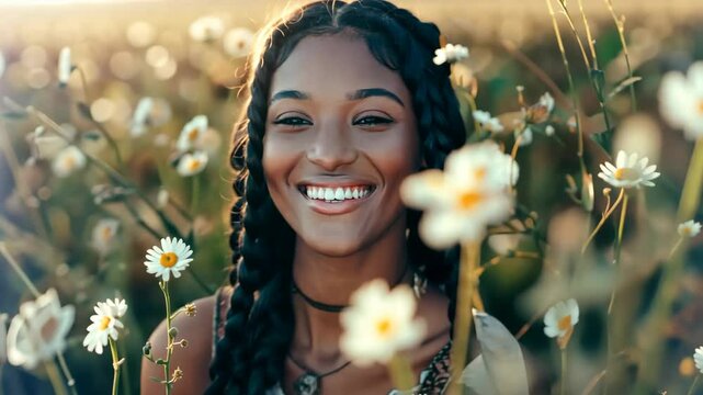pretty young African woman with braid hairstyle at spring flower field 