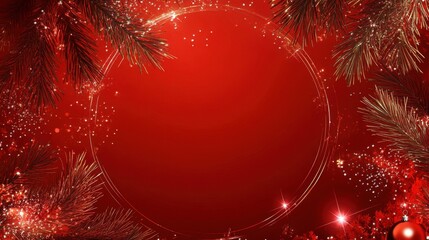 A red background with a round frame of fir branches and sparkling holiday decorations, providing space for adding your own Christmas message or seasonal greeting.