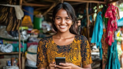 Smiling Woman Using Smartphone at Outdoor Market in Southeast Asia