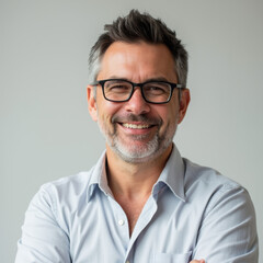 Obraz premium Smiling Middle-Aged Man with Glasses – Confident and Approachable Business Professional