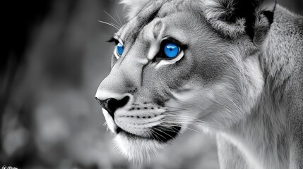 Majestic lion with blue eyes, intense gaze, dramatic lighting, raw power and grace.
