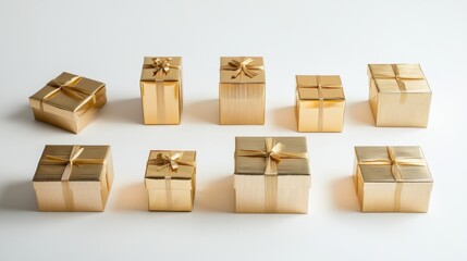 A set of elegant gift boxes, wrapped in real gold and tied with gold ribbons, placed on a blank white background, perfect for festive gift displays.