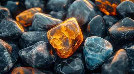 Close-up of smooth river stones in shades of orange grey blue Symbolizes strength stability and harmony Natural patterns evoke balance and timelessness Ideal for design inspiration and meditation
