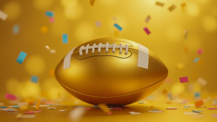 Shiny golden football surrounded by colorful confetti on a bright golden background, perfect for sports celebrations and festive occasions