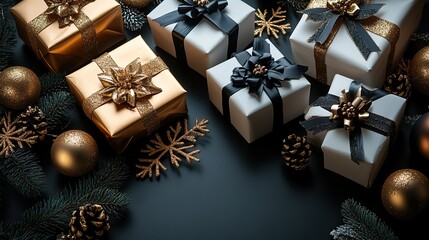 A top view photo of Christmas decorations, including gold and black balls, snowflakes, and white gift boxes with black ribbon bows, arranged on an isolated black background with copyspace.
