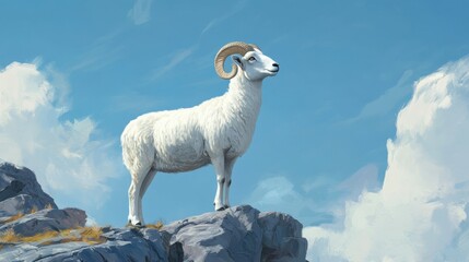 Fototapeta premium A side view of a lone Dall sheep ram standing tall on a rugged boulder, the serene blue sky stretching endlessly above.