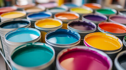 Fototapeta premium Closeup of metal tin paint cans filled with vibrant colors symbolizing creativity, artistic expression, and transformation in design. Represents renewal, home improvement, and modern aesthetics