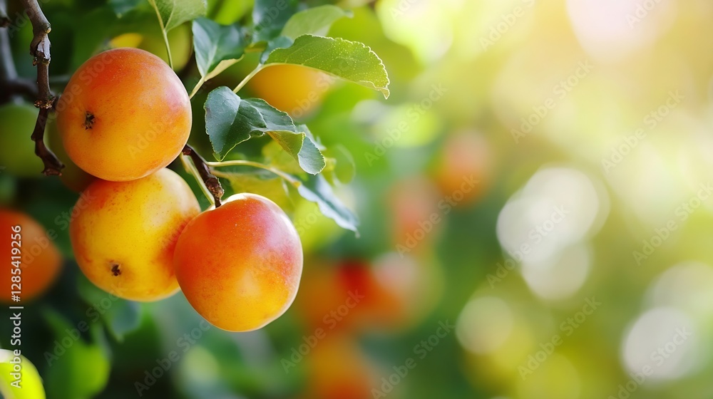 Poster fresh apricots hanging on branch with lush leaves and sunlight creating a vibrant summer mood : gene