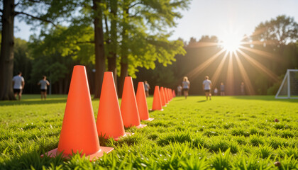 Bright orange agility training cones lined up on vibrant green grass during outdoor fitness class