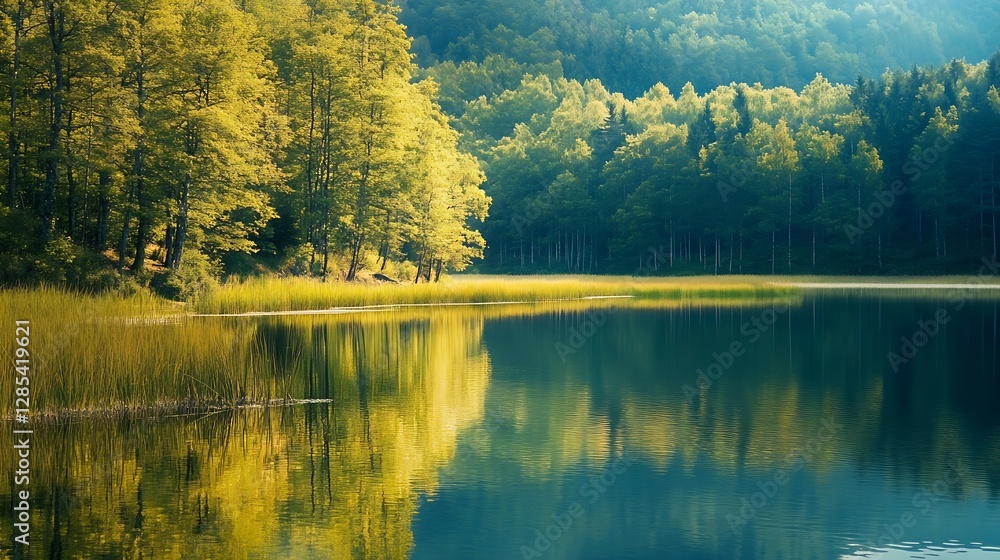 Poster serene reflection of autumn forest on calm lake surface at sunrise : generative ai