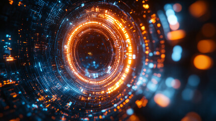 Futuristic abstract HUD interface with glowing holographic elements and data streams Symbolizing advanced technology artificial intelligence and digital innovation in a sci-fi virtual environment

