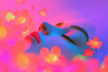 Fototapeta premium A close-up of a serene face surrounded by colorful flowers, with vibrant pink and purple hues creating a dreamy atmosphere.