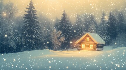Fototapeta premium Cozy Cabin in Winter Wonderland: A small, inviting cabin nestled amidst snow-covered trees, radiating a warm glow during a serene snowfall, creating a tranquil, festive atmosphere.