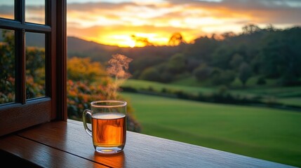 Obraz premium Morning tea, open window, sunrise view, tranquil countryside