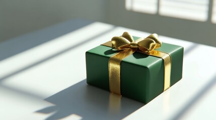 A single green present tied with a sparkling gold ribbon and elegant bow, sitting on a white surface with a soft shadow.