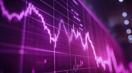 Financial data displayed on a large screen, showing dynamic stock market trends in vibrant purple.