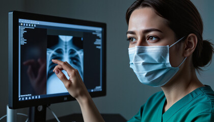 Veterinarian analyzing veterinary X-ray on high-resolution monitor in radiology room, emphasizing accuracy and pet diagnostics