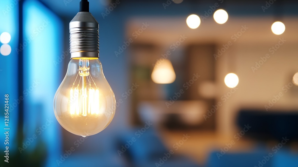 Aufkleber Stylish Hanging Light Bulb in a Modern Interior with Soft Bokeh Background : Generative AI
