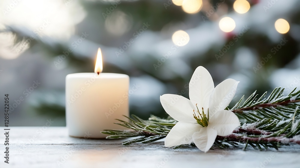Poster serene composition of a candle and a white flower with a christmas background : generative ai