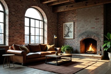 Rustic Loft Living Room with Exposed Brick Walls, Arch Windows, and Cozy Fireplace