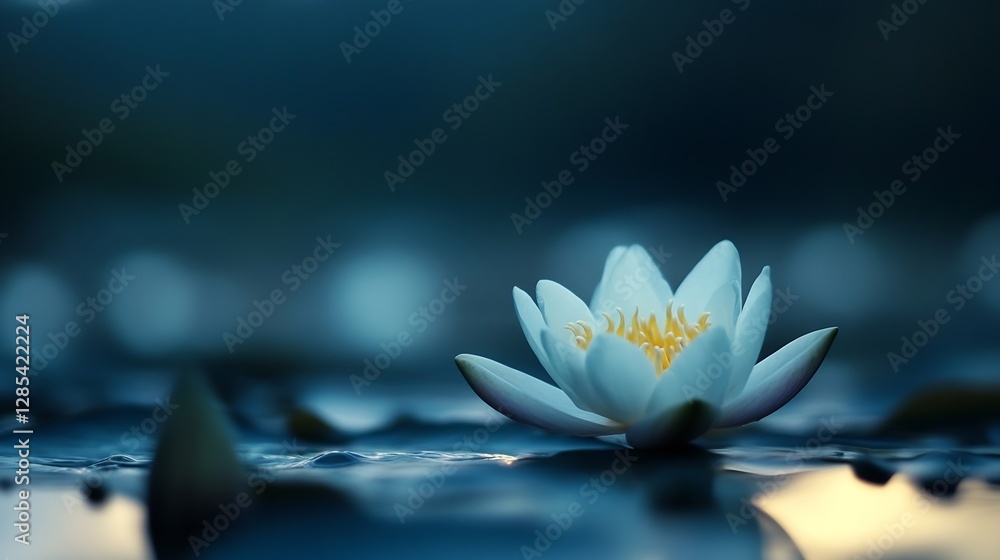 Poster serene white lotus flower floating gracefully on calm water during twilight with a dreamy atmosphere