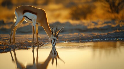 A springbok at a waterhole, its head bowed to drink, with the golden hues of the Namibian sunset casting a warm glow on the scene.