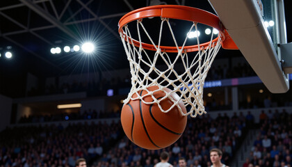 Dynamic close-up of basketball entering hoop, symbolizing victory and achievement in sports