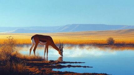 A springbok drinking water in the early morning light, with mist rising from the waterhole and the dry savanna stretching out in the background.