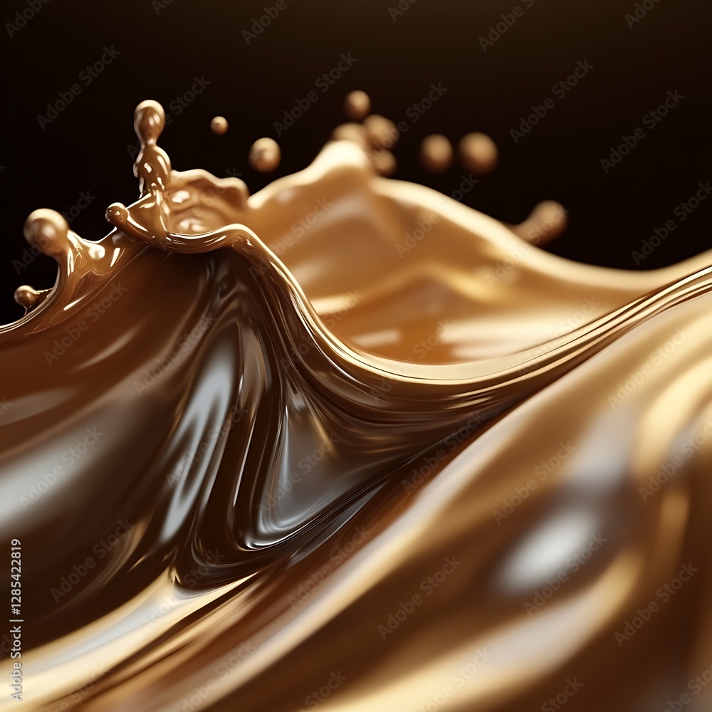 Poster chocolate liquid splashing with small droplets and wave forms