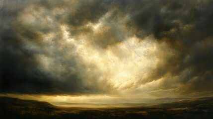 Fototapeta premium A stormy sky with heavy rain and sunlight filtering through the clouds, casting a golden glow over the landscape below.