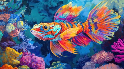 A striking mandarin dragonet fish gliding through a colorful coral reef, its vibrant colors creating a mesmerizing underwater display.