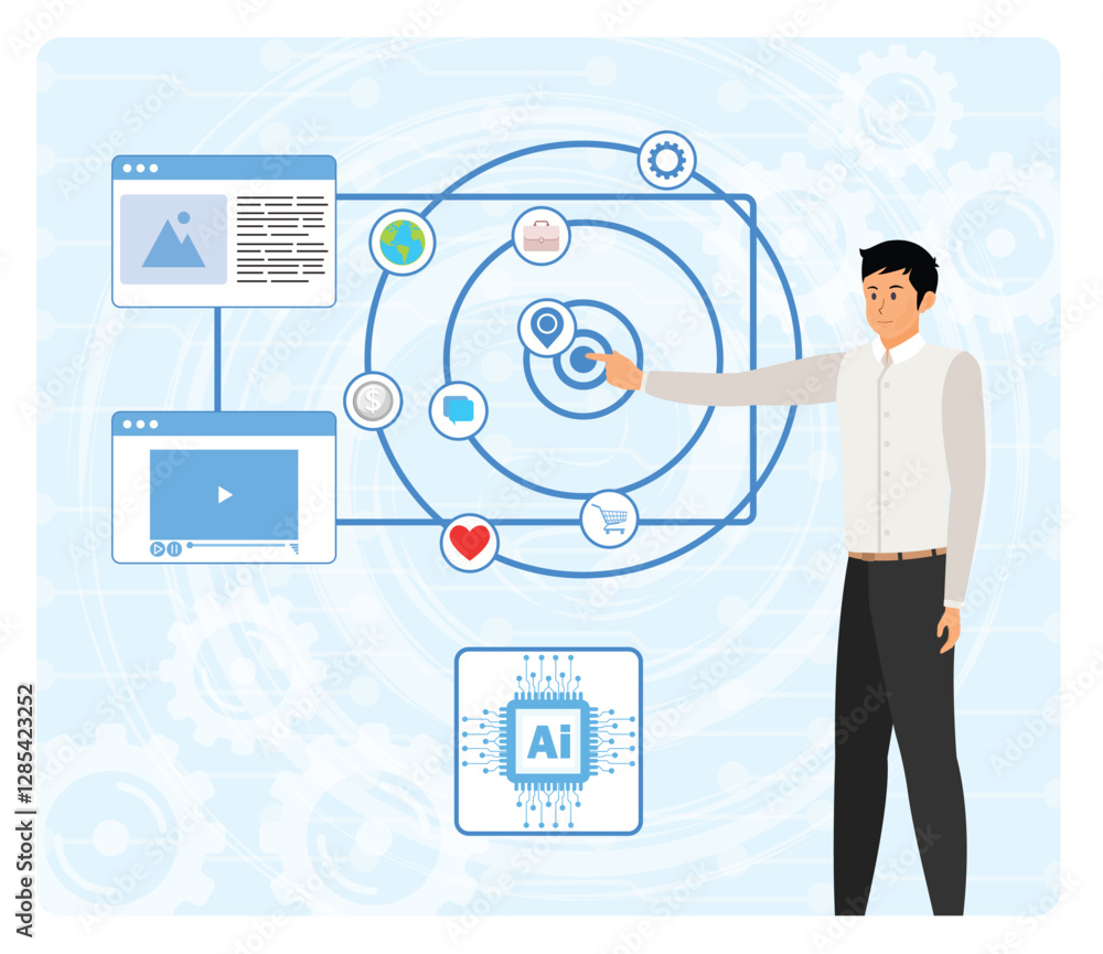 Poster intelligent interface. man interacting with ai powered application interface for business insights.
