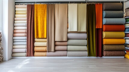 Carpet Store Interior With Vibrant Textiles Displayed on Shelves and Rolls, Showcasing Intricate Designs and Colors in a Well-Lit Spacious Area