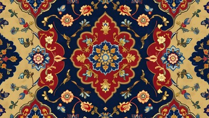 Indigo and Gold Persian Wallpaper with an Intricate Arabesque Pattern