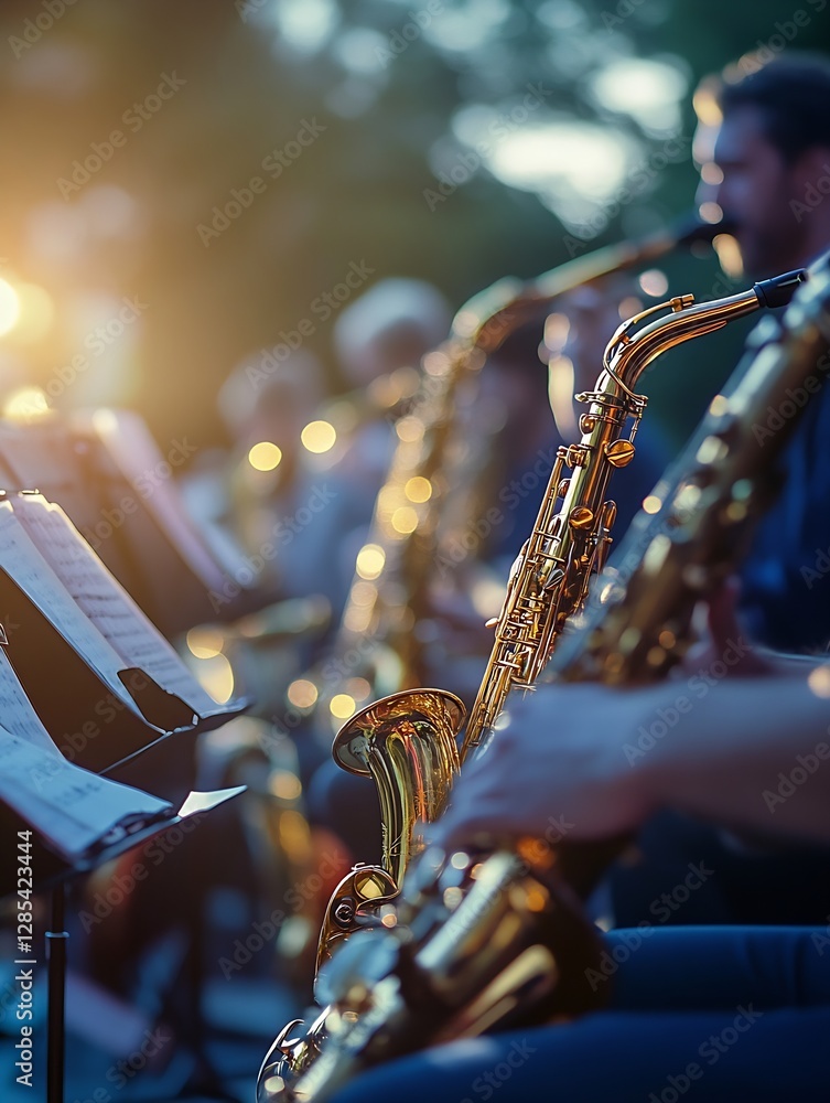 Poster close up of saxophones on a stage with beautiful bokeh and warm lighting : generative ai