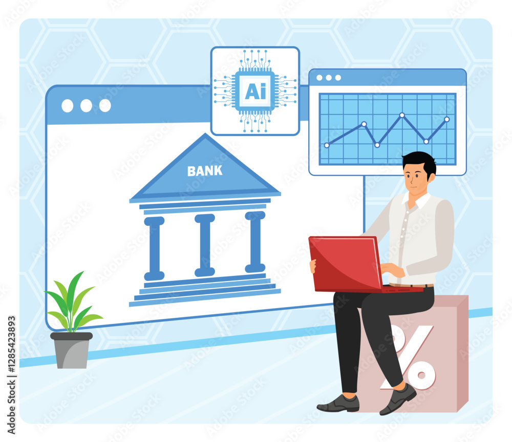 Poster ai driven credit risk assessment. man analyzing banking data with artificial intelligence tools.