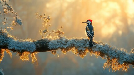 Obraz premium A stunning shot of a great spotted woodpecker perched on a lichen-covered branch in early morning light.