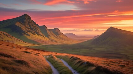 Naklejka premium View of Quiraing mountains sunset at Isle of Skye, Sottland.
