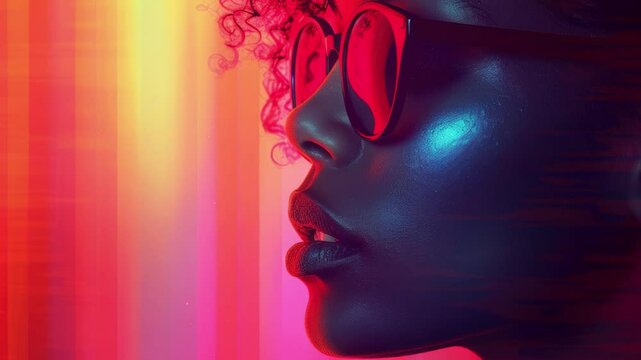 Futuristic Neon Portrait of Woman in Red Sunglasses with Cyberpunk Lighting