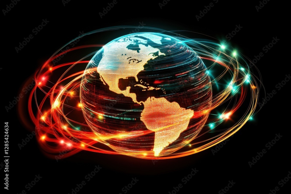 Poster data processing network illustrated on a globe representing global connectivity and information exch