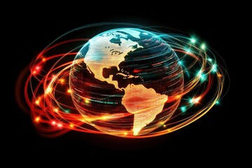 Data processing network illustrated on a globe representing global connectivity and information exchange, globe with data processing over network of connections on grey background