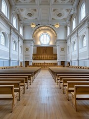 Obraz premium Elegant Church Interior with Wooden Benches and Bright Skylights for Worship and Reflection : Generative AI