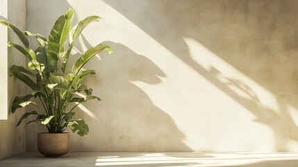 Indoor Plant Casting Shadows on a Textured Wall in a Well-Lit Modern Space During the Afternoon