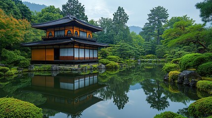 A tranquil Japanese garden includes a traditional house and a serene pond, offering a glimpse into Japanese culture and aesthetics