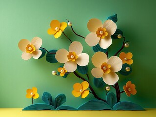 Elegant 3D Paper Cut Floral Illustration Orchids Soft Teal Background