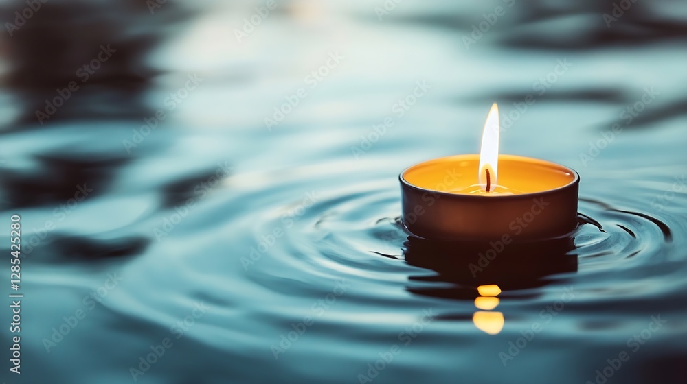 Poster Serene Floating Candle in Calm Water Creating Ripples and Reflection : Generative AI